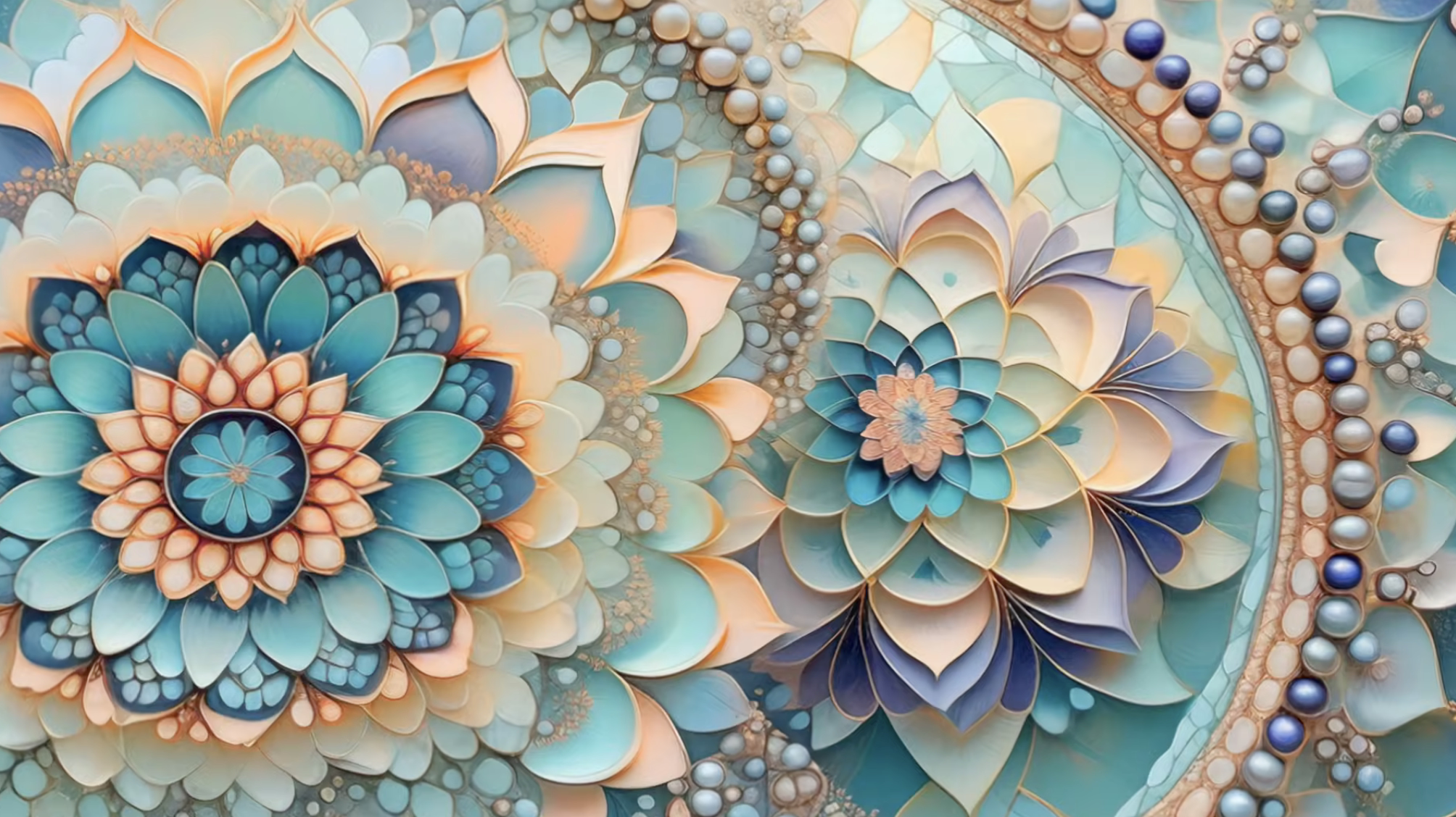 Soft blue roses and pearls inside an oval golden frame, offering a safe and relaxing visual sanctuary for tripping.